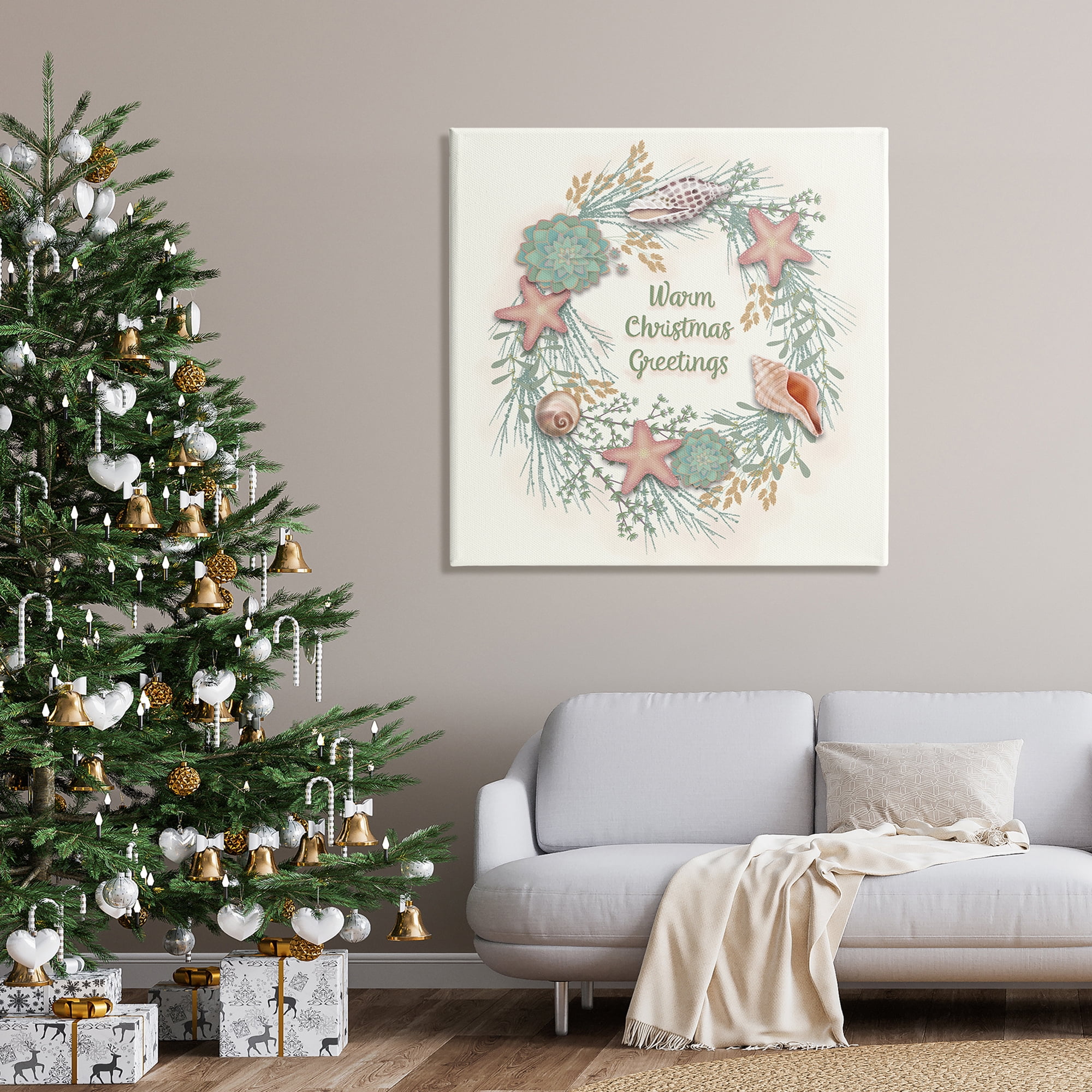 Warm Christmas Greetings Beach Shells Themed Wreath Coastal Graphic Art Gallery-Wrapped Canvas Print Wall Art
