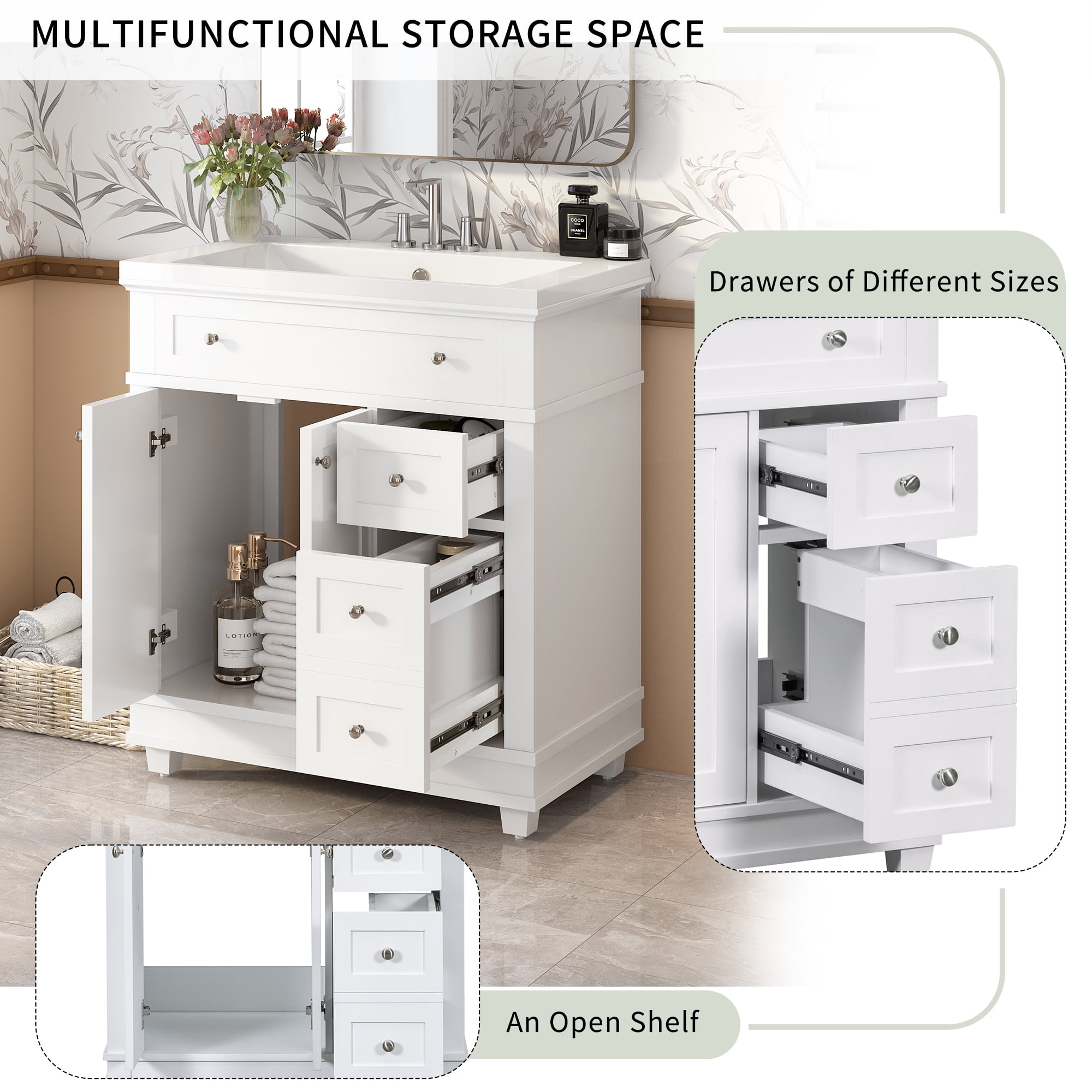 Euroco 30" Bathroom Vanity Cabinet with Sink Combo Set, Undermount Resin Sink, Free Standing Vanity Set with 2 Drawers& Soft Closing Doors, Solid Wood Frame Bathroom Cabinet, White