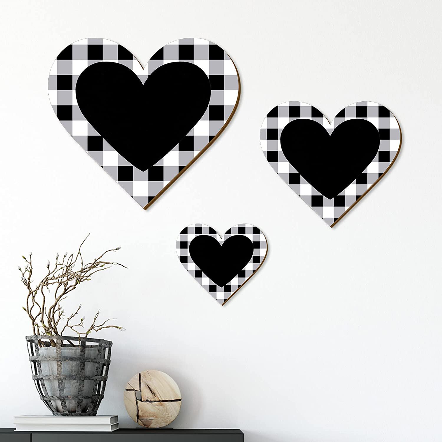 3 Pcs Rustic Wooden Heart Decor Farmhouse Wood Home Wall Sign Hanging Plaque Decor for Kitchen Bedroom Bathroom Living Room Ideal Housewarming Gifts(Black Heart Plaid)