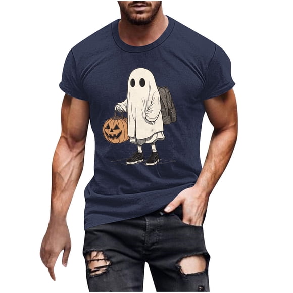 Halloween T-shirt for Men, Military Green Printed Round Neck Short Sleeve Cotton Blend Top, Casual Daily Wear, Hand Wash Cold