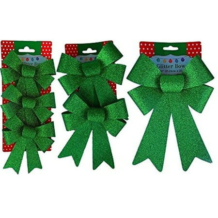 - Christmas Decoration Holiday Glitter Bows- Red, Green & Gold (Green)