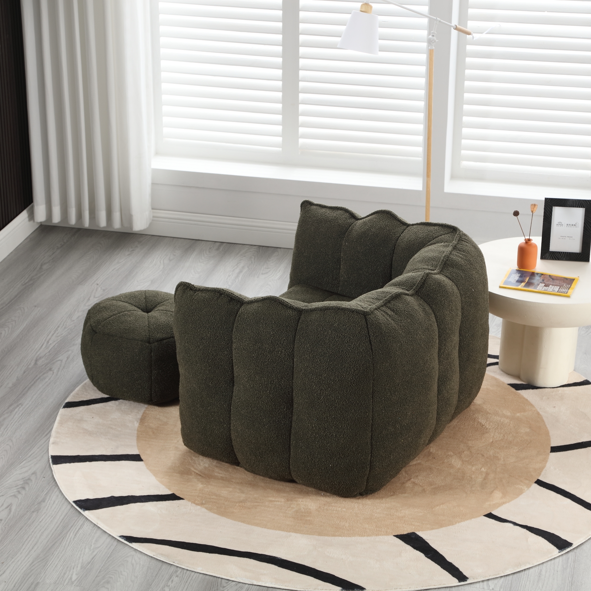 Leumius Soft Bean Bag Chair with High Resilient Foam(Chips)for Living Room and Bedroom,Comfortable Square Lazy Sofa with Footstool for Adults to Gaming, Reading and Watching TV Olive Green