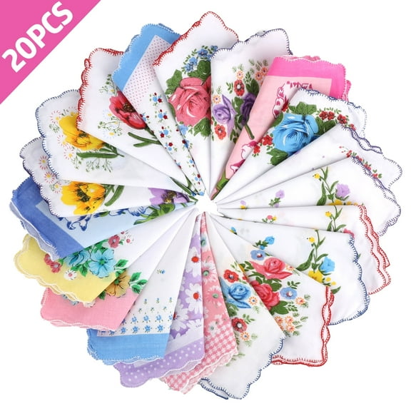 20pcs Vintage Floral Handkerchiefs, SUWU Women's Cotton Hankies, Flower Embroidered Design for Ladies, Rondom Colors (11x11in)