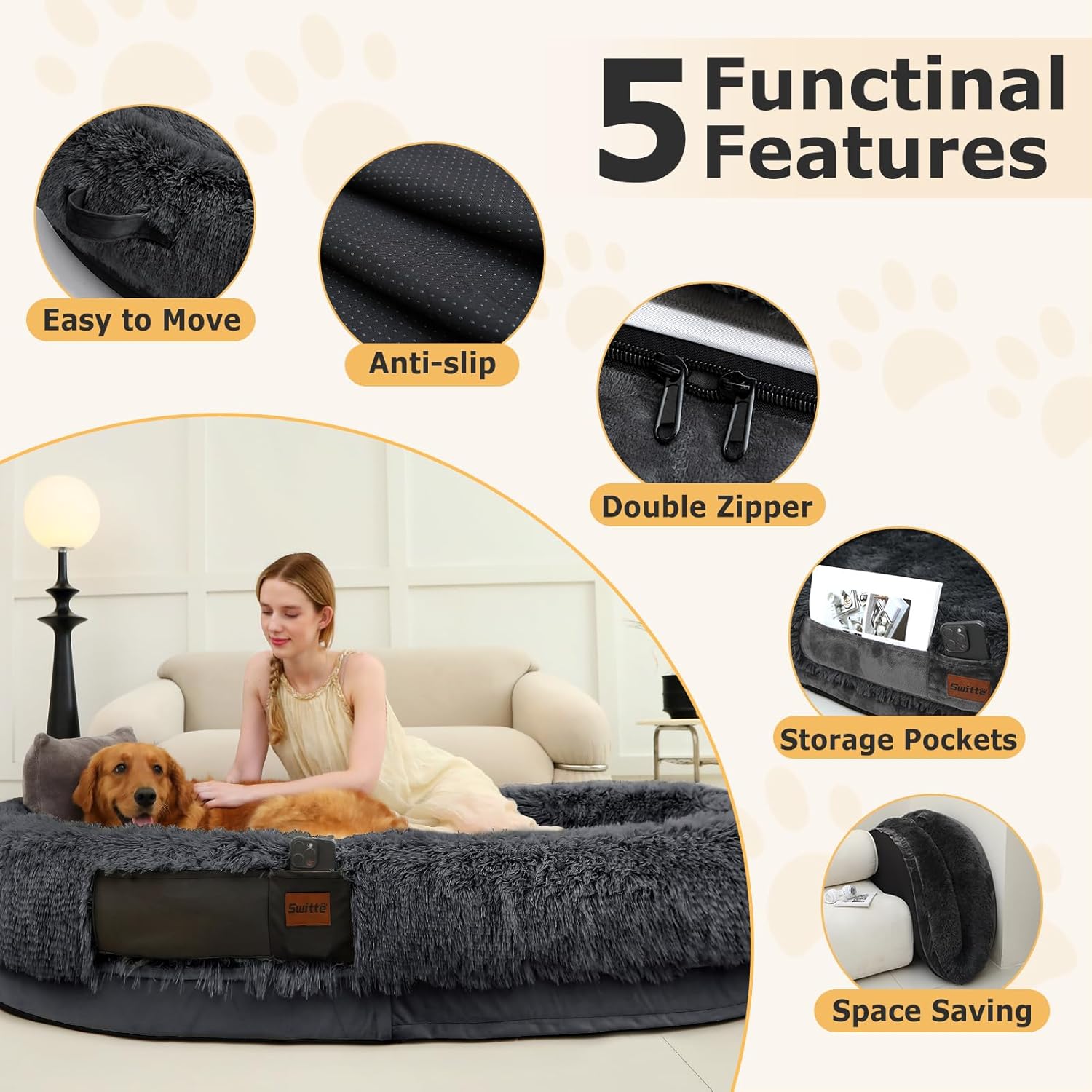 SWITTE Human Dog Bed for Adult, 71"x47"x13" Washable Large Human Size Dog Bed with Blanket for People Doze Off, Removable Giant Dog Bed with Pillow for Adult Pet - Dark Grey