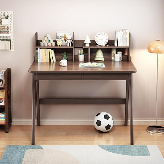 Kid's Desk Kid's Table with Drawers and Bookshelf Wooden Kid's Media Desk Student Learning Computer Workstation and Writing Desk (Brown)