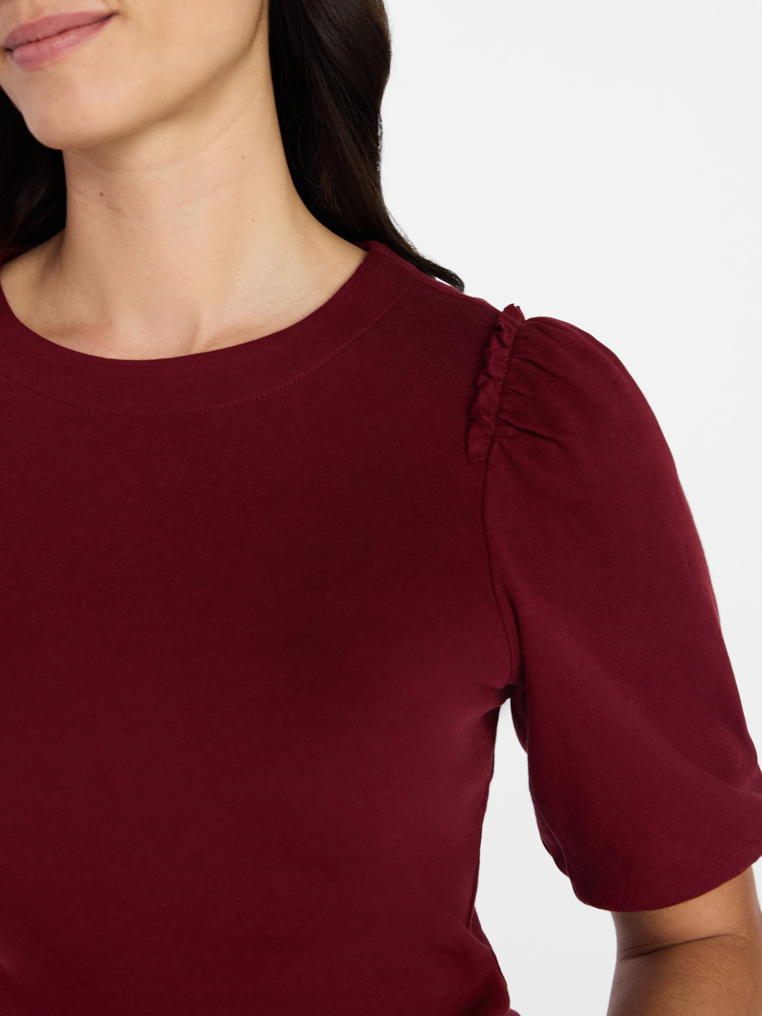 Time and Tru Women's Cotton Crewneck Tee with Puff Sleeves, Sizes XS-XXXL