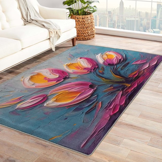 Graffiti Lily Rug 6x9, Pink Flowers Carpet for Living Room, Floral Area Rug for Bedroom Rug, Non Slip Super Soft Low Pile Machine Washable Stain Resistant Large Area Rug
