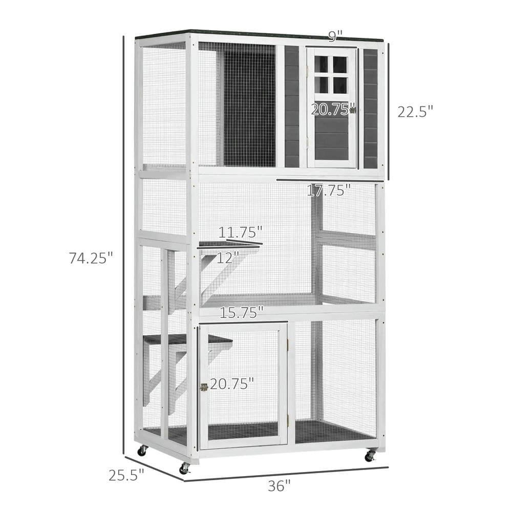 Topcobe 74" Wooden Catio Outdoor Cat House Weatherproof & Wheeled, Outside Cat Enclosure with High Weight Capacity, Kitten Cage Condo, Outside Pet Shelter, Small Animal Habitat, Dark Gray