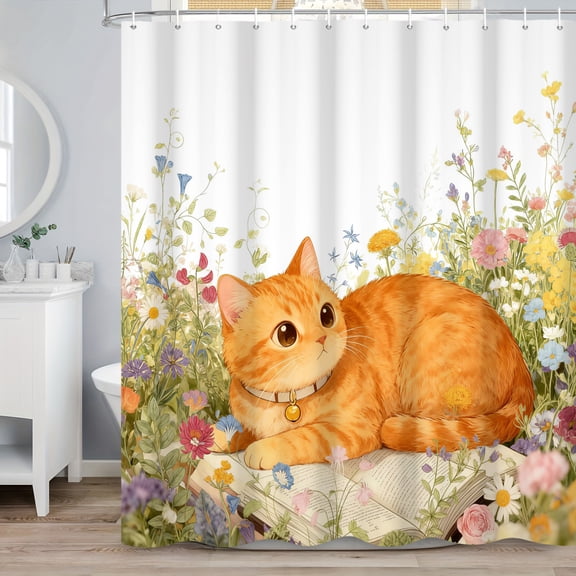 MIZHONA Funny Cat Shower Curtain Spring Floral Plants Bath Curtain for Bathroom Decor 72x72 in