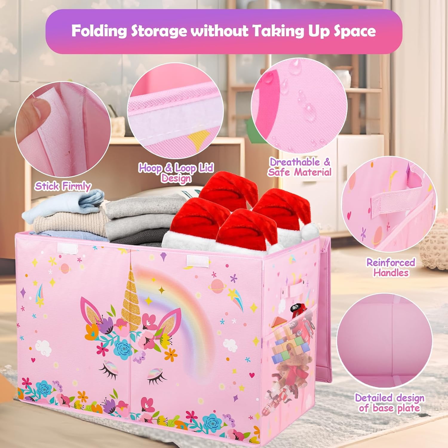 Large Toy Box, Collapsible Sturdy Kids Storage Organizer for Boys Girls, 25"x13"x16" Storage Box with Lids, Toy Chest Bins Basket for Living Room, Playroom, Nursery, Pink