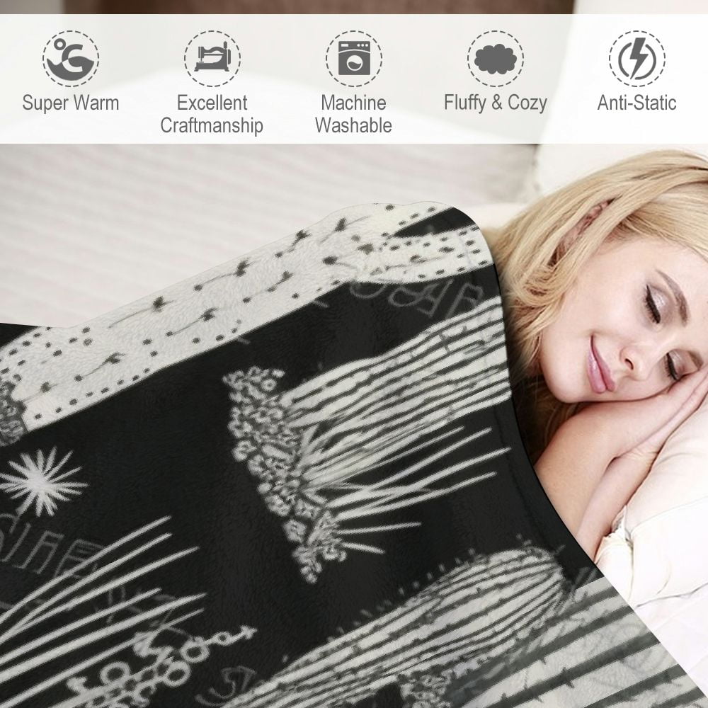 ONETECH  Western Cactus Throw Blanket Black and White Seamless Repeat Fun Western Cactus Decorative Soft Warm Cozy Flannel Plush Throws Blankets for Baby Toddler Dog Cat
