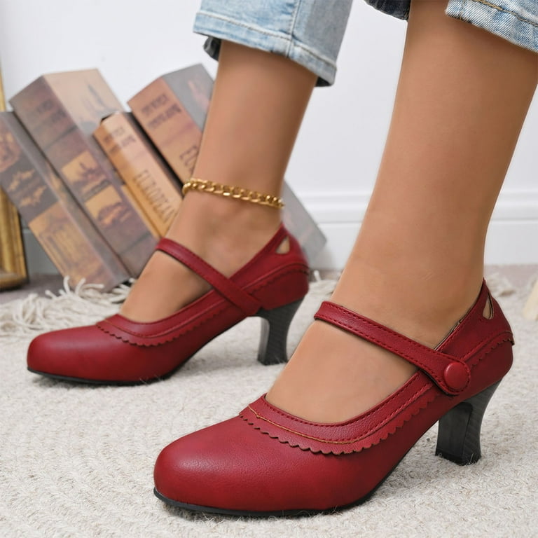 Viluyesy Women's Chunky Heeled Sandals, Closed Toe Solid Color Ankle Strap Ladies Ruffles Office Dress Shoes Red - Walmart.com Viluyesy Women's Chunky Heeled Sandals, Closed Toe Solid Color Ankle Strap Ladies Ruffles Office Dress Shoes Red - Walmart.com