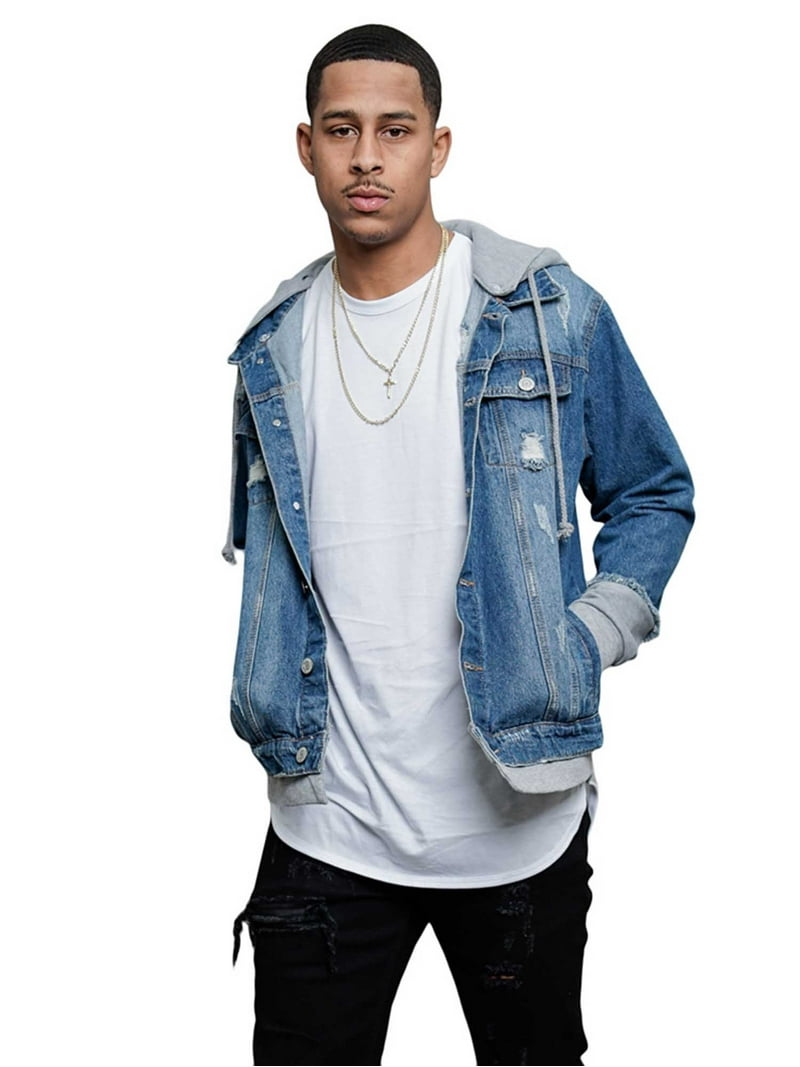 Victorious Men's Hoodie Layered Ripped Denim Jacket with Removable
