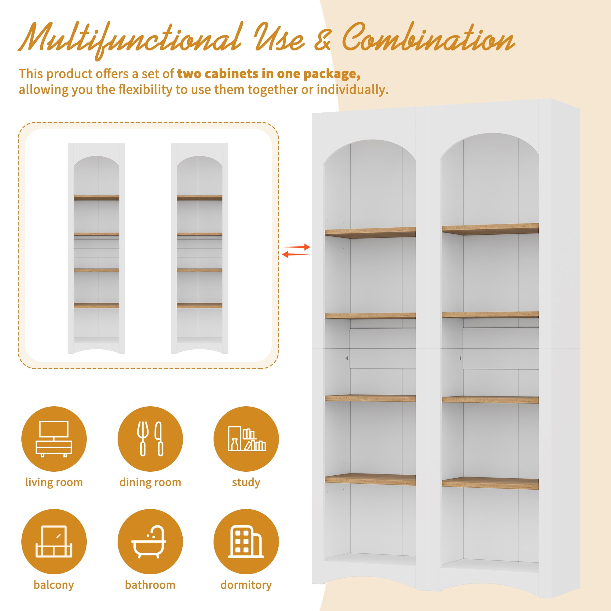 Leumius 5 Tier Bookcases Display Shelf with Adjustable Shelf,72" Tall Farmhouse Kitchen Pantry Cabinet for Living Room, Home Office, White