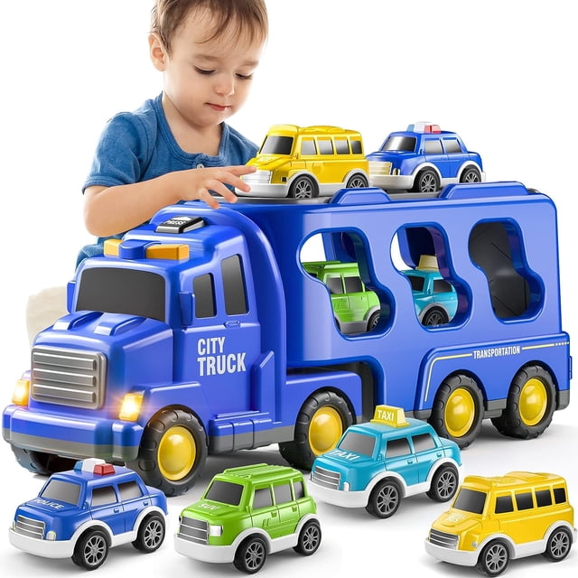 TEMI Vehículos de transporte de camiones para niños pequeños, juguetes 5 en 1 para niños de 3 4 5 6 7 años, coches de juguete para niños pequeños de 1 a 3 años, juego de potencia de fricción para niño