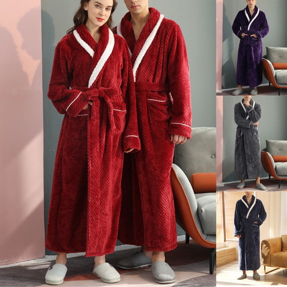 RYDCOT Mens Cotton Pajamas Set Long Sleeve Soft Fleece Fluffy Sleepwear Winter Warm Pjs Lounge Sets Flannel Bathrobe Robe Sleepwear with Pockets and Belt Red