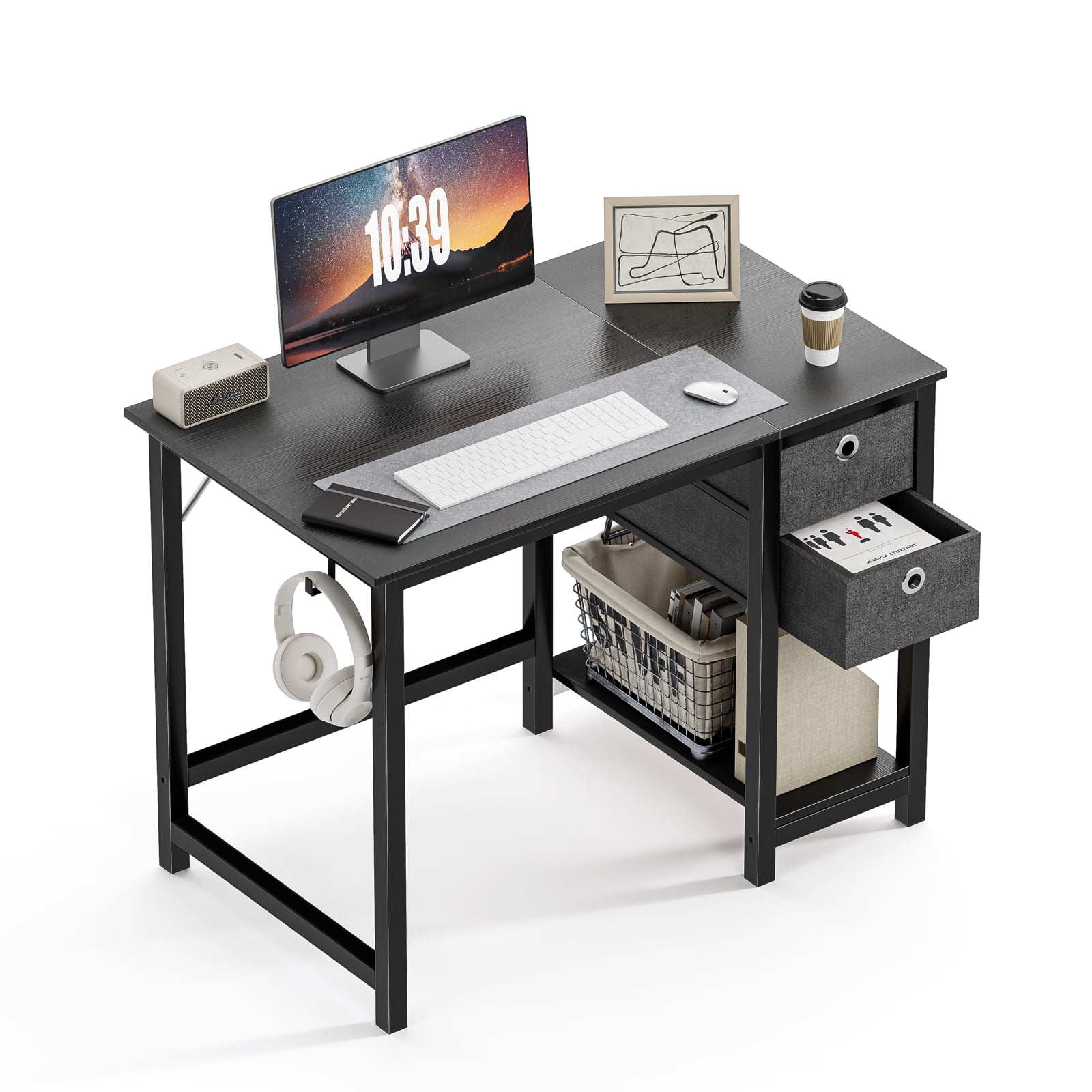 ODK Office Small Computer Desk: Home Table with Fabric Drawers & Storage  Shelves, Modern Writing Desk, Black, 48x16