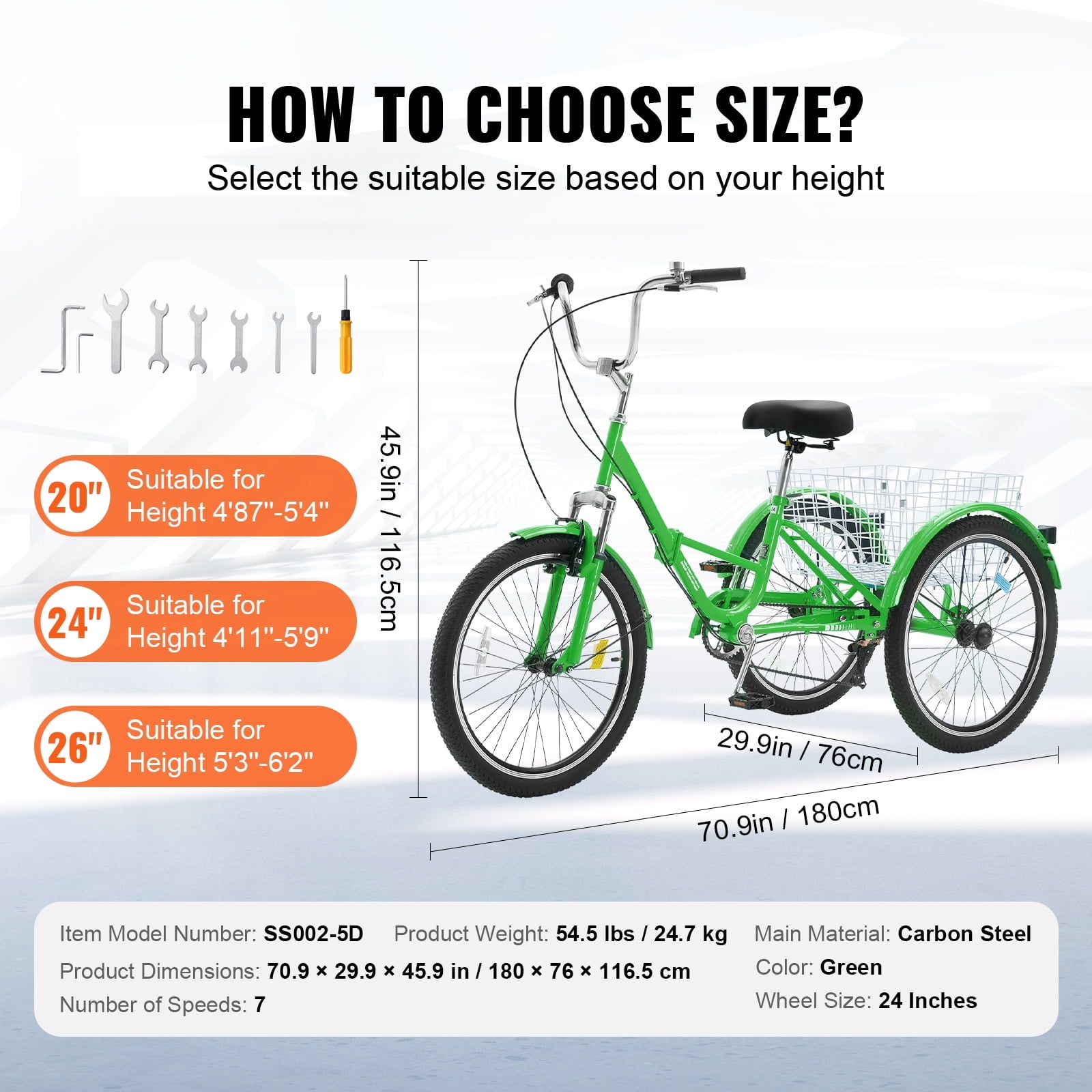 SKYSHALO Green Carbon Steel 24" 7 Speed Folding Tricycle with Basket