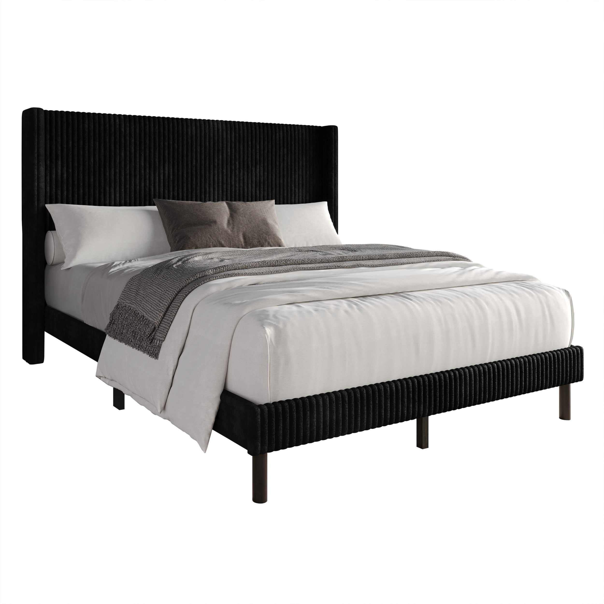 Home Design Duluth Queen Corduroy Velvet Upholstered Platform Bed Frame with Wingback Headboard & Button-Tufted Detail, Black, Easy Assembly