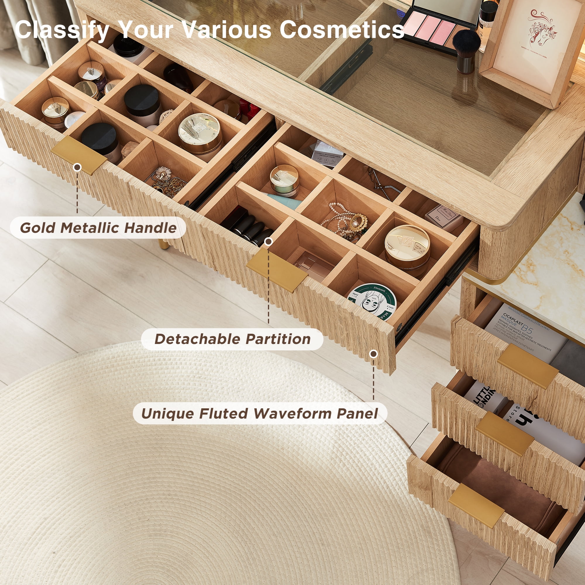 OKD Makeup Vanity Table with Lights and Mirror, Vanity Desk with 5 Drawers and Charging Station for Bedroom,Oak