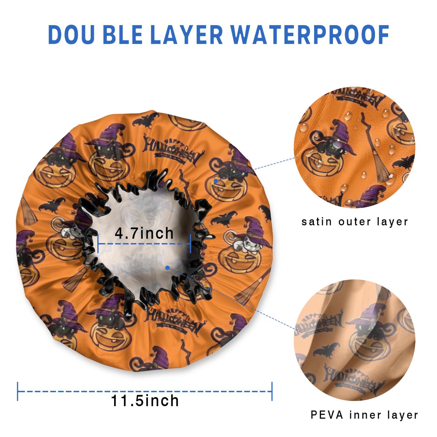 Shower Caps,Halloween Pumpkin Witches Pattern Waterproof Shower Cap for Women 4 Pieces,Double Reusable Hair Cover for Shower PEVA Elastic Stretch Hem