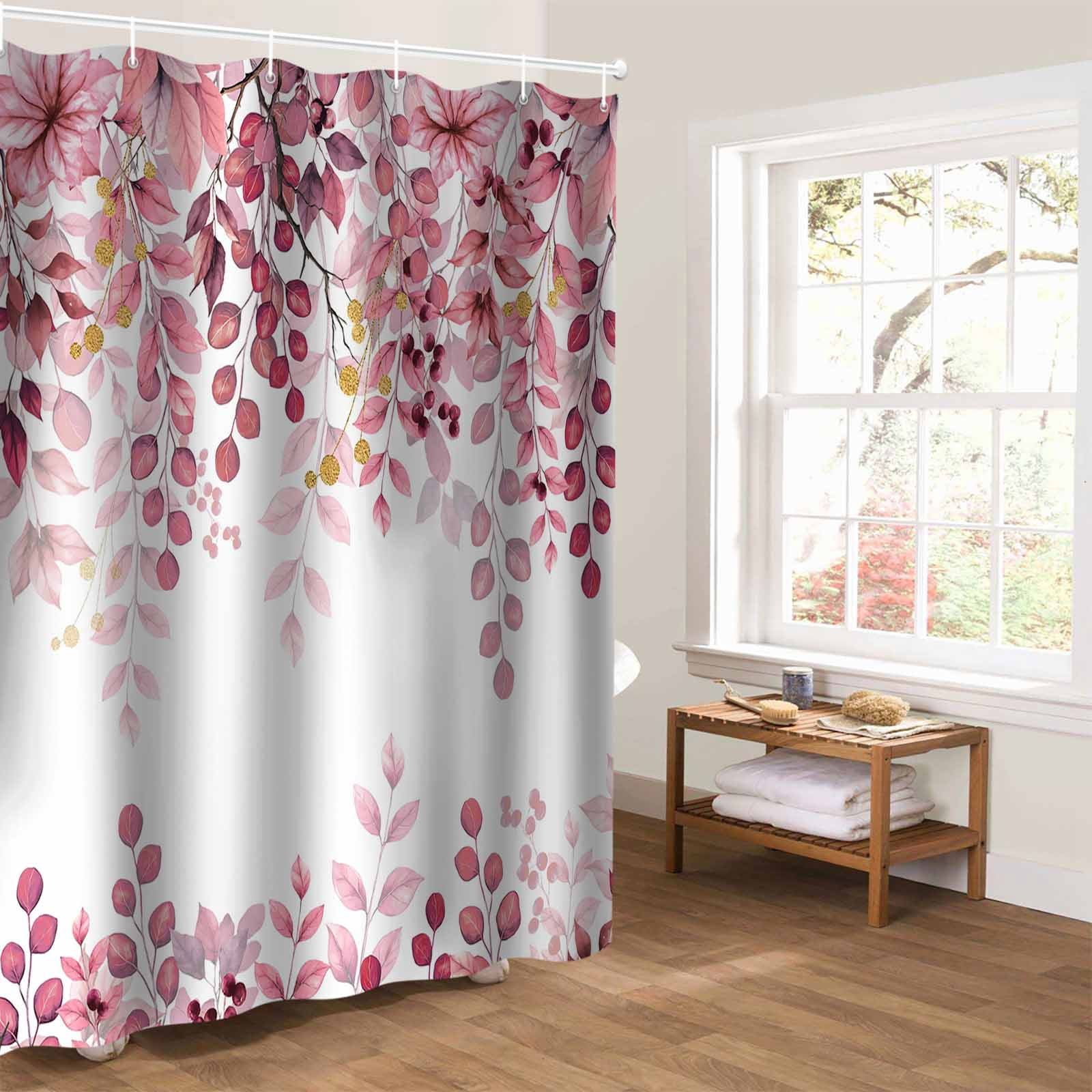 Pink Eucalyptus Bathroom Curtain 72 Inch Shower Curtain with Hooks, Gold Branches Vintage Flower Plant Waterproof Polyester Bath Curtain Washable Bathtub Curtain 66''x 72''