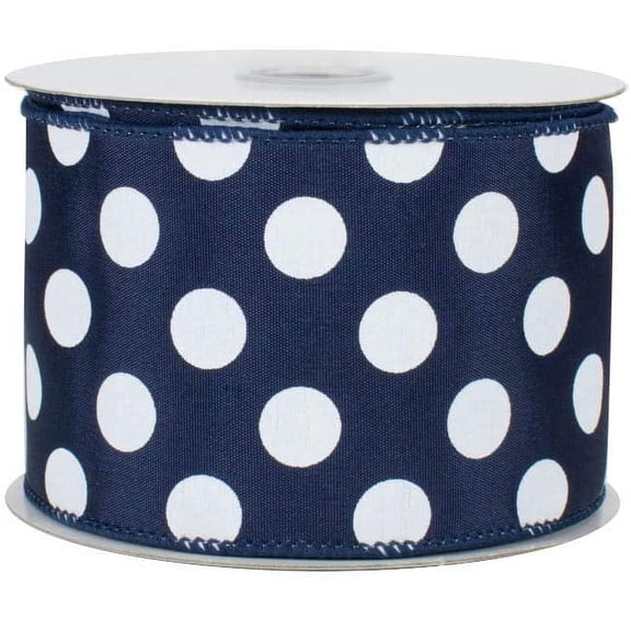 Navy Polka Dots Wired Ribbon - 2 1/2" x 10 Yards, Memorial Day, 4th of July, America 250 Anniversary, White Dots, Faux Satin, Wreath, Police Support, Baby Shower, Gender Reveal, Bows, Veterans Day