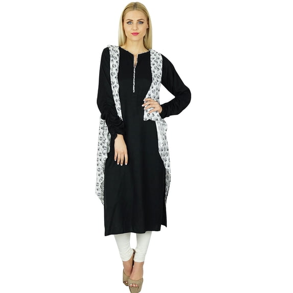 Bimba Women Black Straight custom Kurti With Shrug Ethnic Full sleeve Rayon