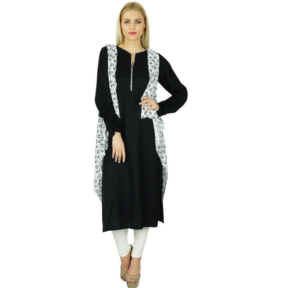 Bimba Women Black Straight custom Kurti With Shrug Ethnic Full sleeve Rayon