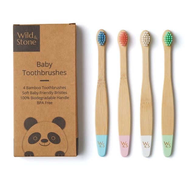 Cepillos de dientes de bambú orgánicos para bebés Wild & Stone | Paquete de 4 | Cerdas suaves | Mango 100% compostable | Sin BPA | Cepillos de dientes veganos para bebés (multicolor)