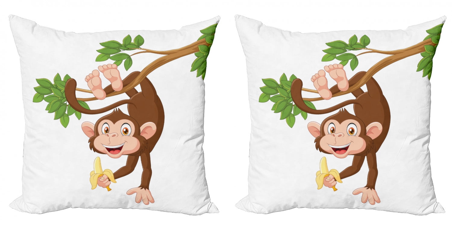 Cartoon Throw Pillow Cushion Cover Pack of 2, Funny Monkey Hanging from