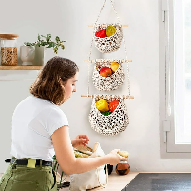 Organizador de cestas de fruta colgante 3 niveles de caja de almacenamiento de pared de yute | Algodón tejido a mano | Gran Capacidad | Café Blanco | Estantería decorativa que ahorra espacio para