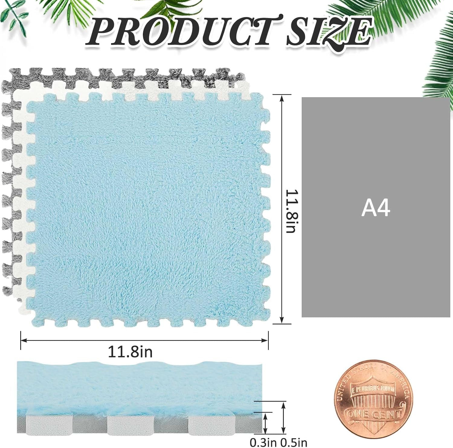 36 Pack Plush Foam Floor Mat Square Interlocking Carpet Tiles with Border Fluffy Play Mat Floor Tiles Soft Climbing Rugs for Bedroom Playroom, 12 x 12 x 0.4 in(White, Mint Green)