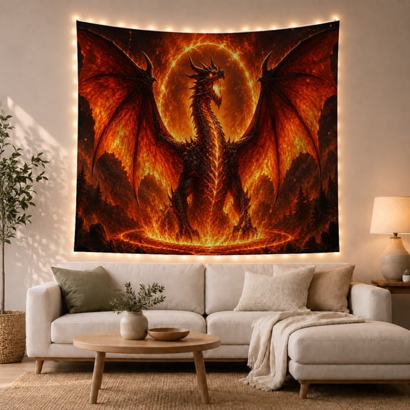 Black Dragon in Fiery Volcanic Ring, Dramatic Fantasy for Fantasy Art Lovers, Mythical Wall Decor Halloween Gift, Tapestry Wall Hanging for Bedroom and Living Room
