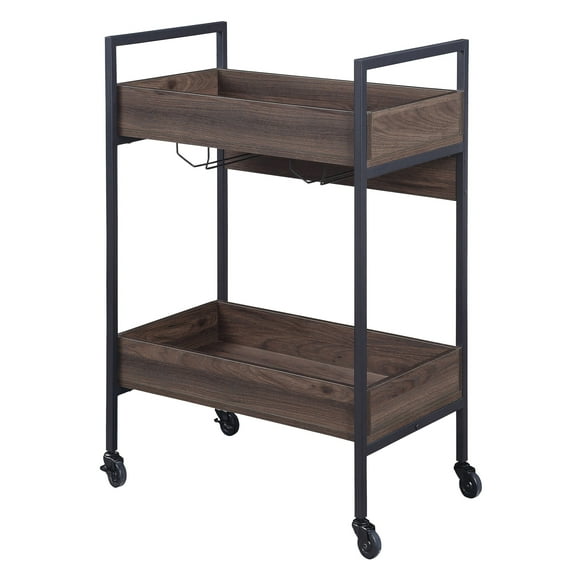 Serving Cart In Walnut And Black, 2 Shelves, Cup Holder, Stable For Dining Room Black Kitchen With Smooth Top, Area
