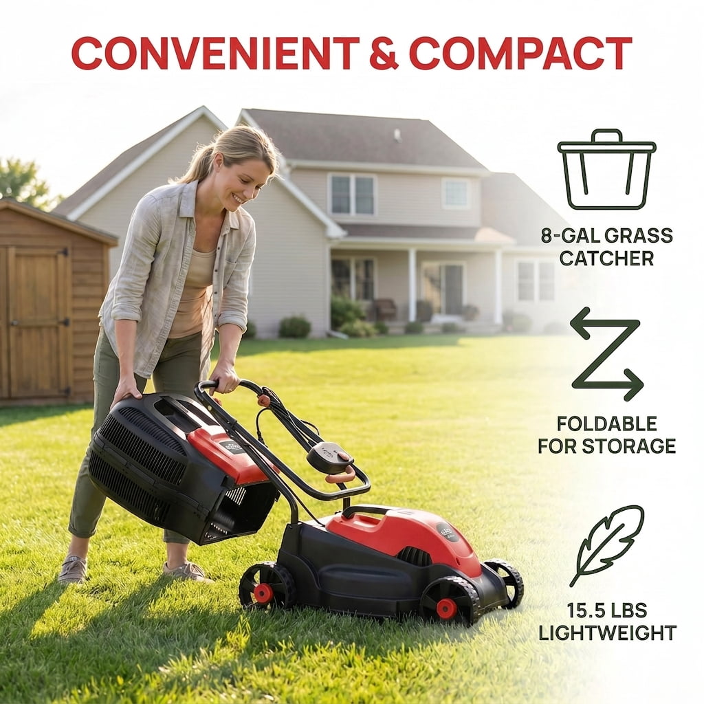 Kadyn 14 Inch 12 Amp Electric Push Corded Lawn Mower with 30L Grass Bag, 3 Adjustable Cutting Heights, Foldable Handle, One-Touch Start, Red