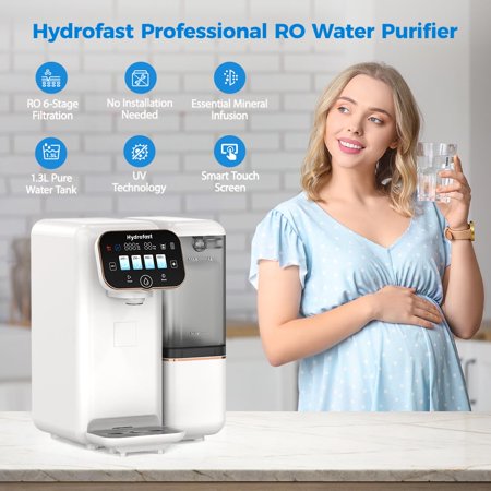 Hydrofast - B100 Countertop Reverse Osmosis Water Filter System, 6 Stage Filtration, 3:1 Pure to Drain, Water Purifier for Home - White