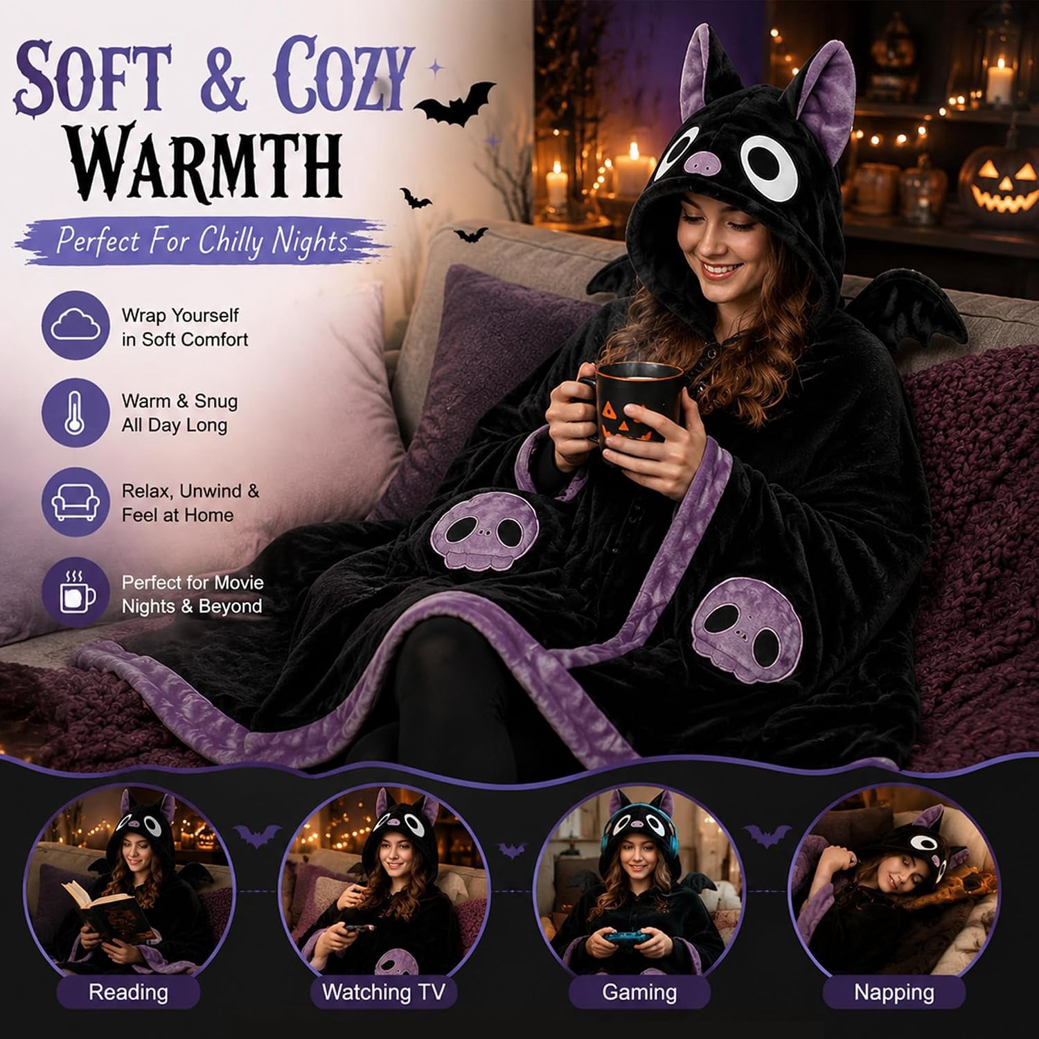 Bat Blanket Hoodie, Halloween Wearable Blanket with Hood | Soft Cozy Oversized Halloween Snuggie for Adults and Teens, for Cosplay, Parties, Lounging and Gifts
