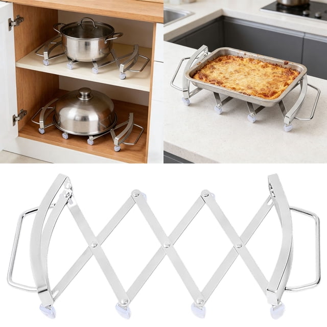 Rack Organizer and Kitchen Display Stand for Countertop Use—Expandable Stainless Steel Trivet and Heat Mat Holder for Pans and Dishes Safe Cooking and Summer Prep