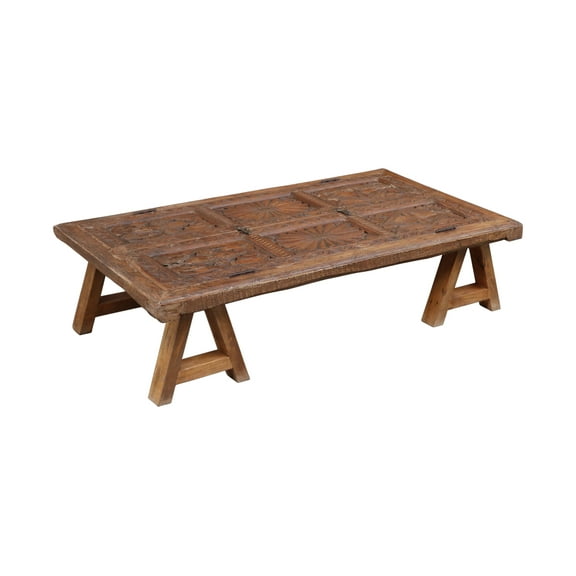 Reclaimed Solid Wood Coffee Table | 52 Inch Large Rectangle Cocktail Table | Distressed Brown Center Table