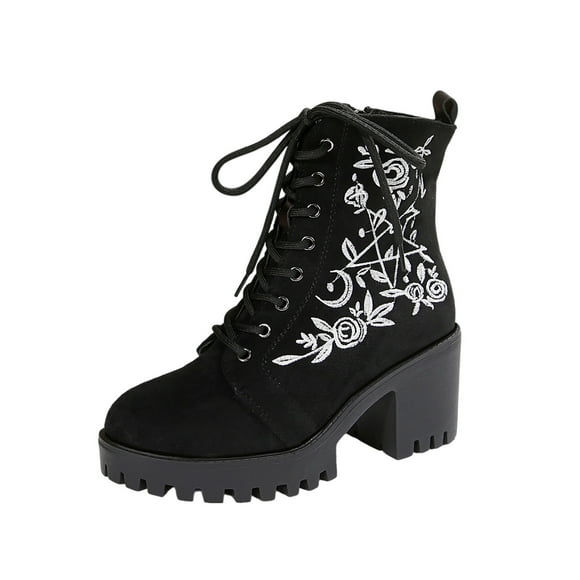 Xfvqtps Womens Ankle Boots Embroidered Western Fashion Chunky Heel Booties with Side Zipper Boho Casual Lace up Mid Heel Boots for Women Black