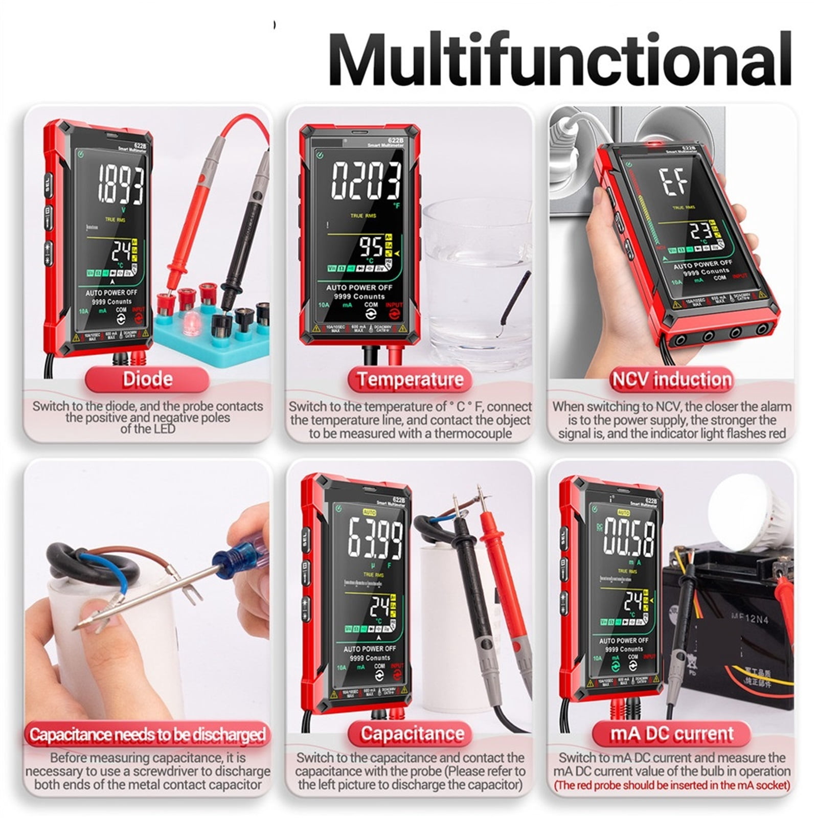 Smart Multimeter Digital Auto Range True RMS AC Voltage 9999 Counts Resistance Ohm Capacitance Hz Tester Meter Test ,Battery Test