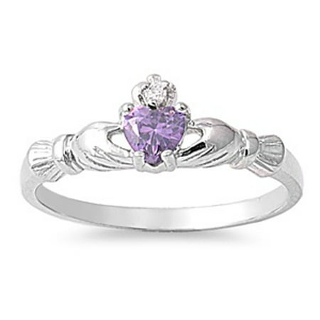 CHOOSE YOUR COLOR Sterling Silver Claddagh Ring Simulated Amethyst Traditional Irish Knot