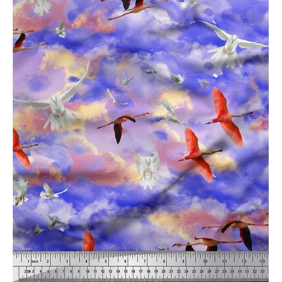 Soimoi Moss Georgette Fabric Flying Stork & Dove Bird Printed Craft Fabric by the Yard 42 Inch Wide
