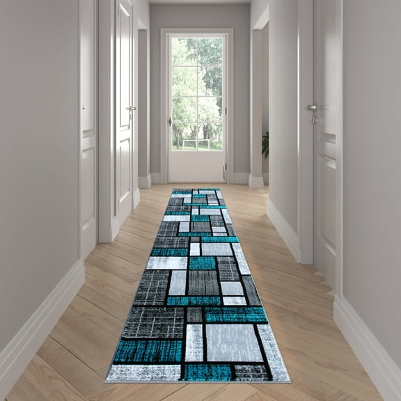 Emma   Oliver 2'x11' Accent Rug with Geometric Mosaic Design in Turquoise, Gray, Black and White and Natural Jute Backing