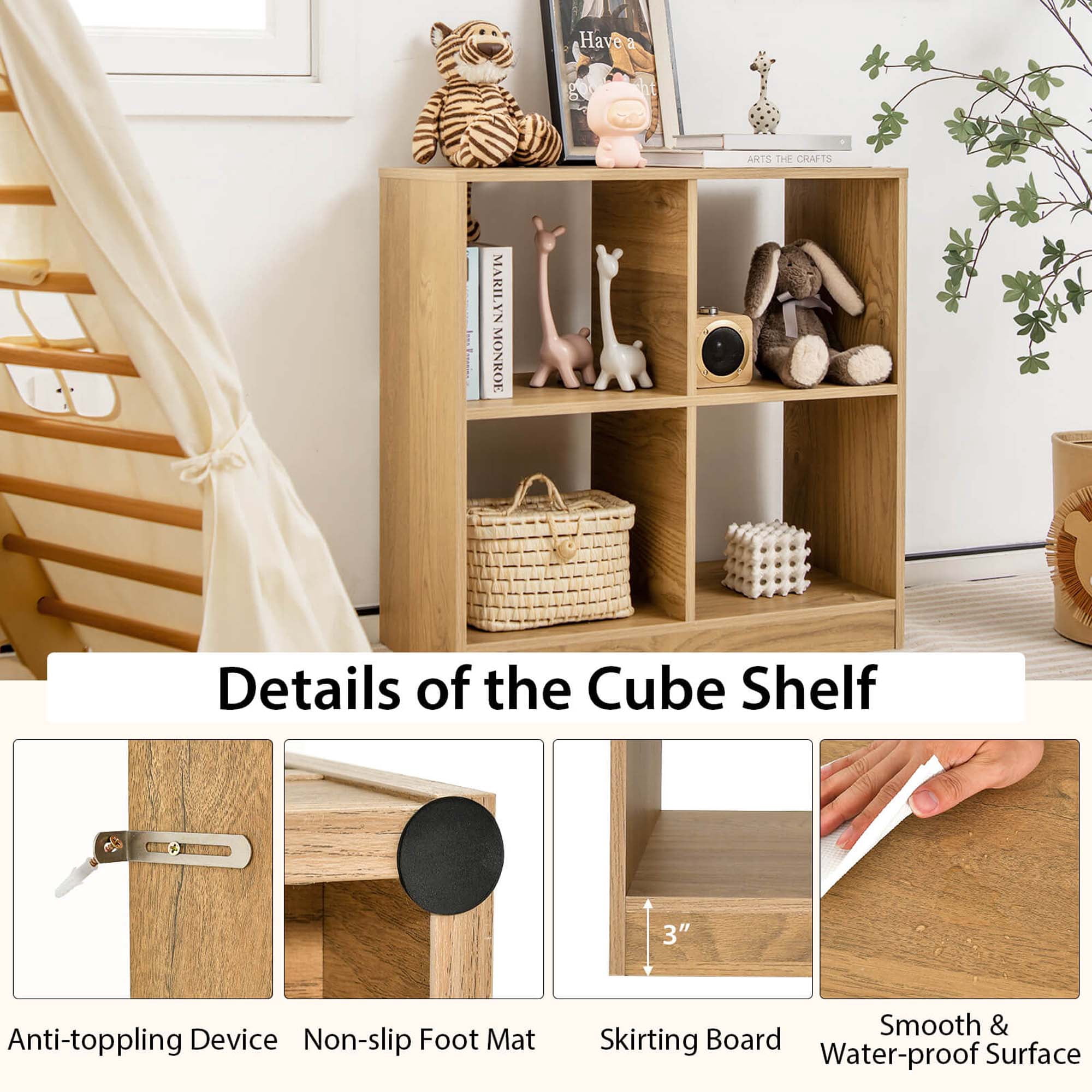 Costway Kids Toy Storage Organizer 4-Cube Wooden Display Bookcase with Anti-toppling Device Natural