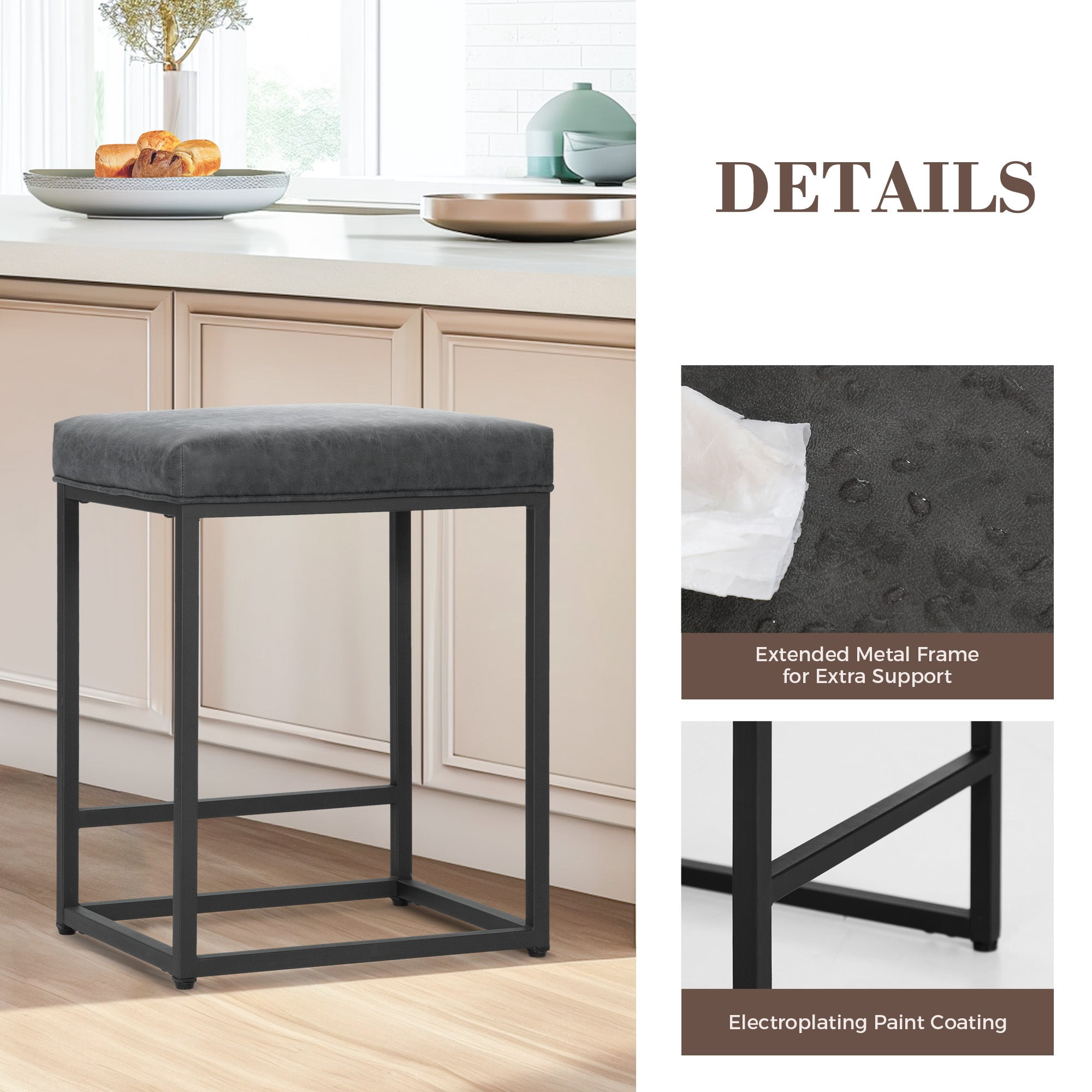 SUMMIT LIVING 24" Counter Height Bar Stool Set of 4, Upholstered Faux Leather Backless Counter Stool for Kitchen Island, Gray