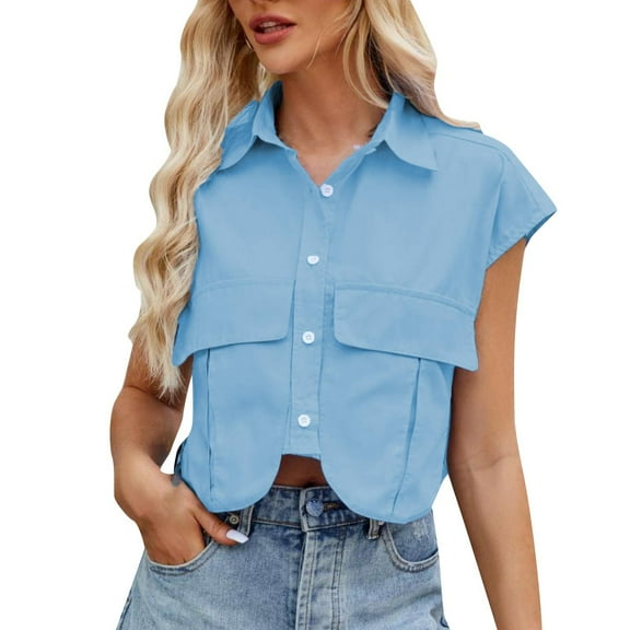 DQRPSEETB Cami Tanks for Women Womens Summer Cropped Short Cap Sleeve Shirts Solid Lapel Collar Button Down Crop Tops Blouse with Chest Pockets Going Out Tops