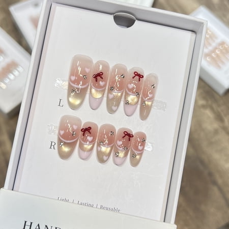 Derizon, Nude Blush Cat's Eye French Nail Art Hand Painted Love Bow Removable Wearable Nail Art Handmade
