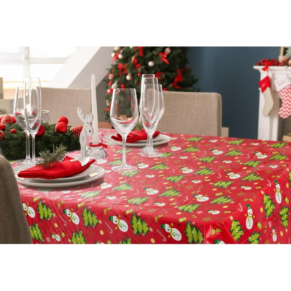 Serafina Home Holiday Christmas Vinyl Tablecloth with Flannel Backing: Snowmen Trees on Red 52" x 70" Rectangular Reusable